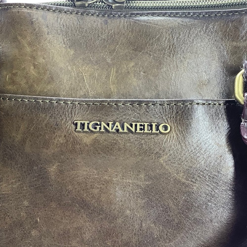 Tignanello Leather Hobo Shoulder Bag Purse Two Tone Brown 9"x12"x5" Stud Feet - Picture 3 of 8